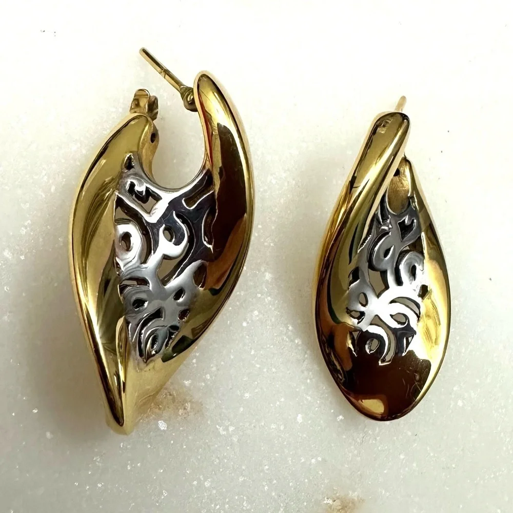 14k Golden Clef Arezzo Yellow & White Gold Polished Cutout Post Earrings 4.5g